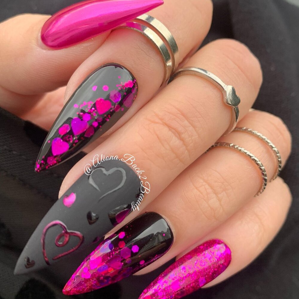 Pink/Purple and Black Valentine's Day Nails, Glitter Valentines Press on Nails,